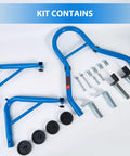 Beefed Up Heavy Duty Motorcycle Stand 850 Lb Capacity Rear And Front Wheel Lift Swingarm Paddock Stands Blue kit components
