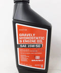 Bottle of Gravely Hydrostatic & Engine Oil SAE 15W-50, part of 5 Quart Hydraulic Change Kit With Filters For Lawn Tractors