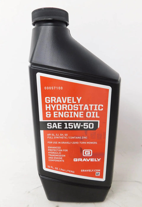 Bottle of Gravely Hydrostatic & Engine Oil SAE 15W-50, part of 5 Quart Hydraulic Change Kit With Filters For Lawn Tractors