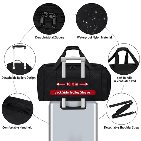 Four In One Rolling Garment Bag For Travel With Wheels Carry On Size Duffle Convertible Suit Carrier, features diagram.