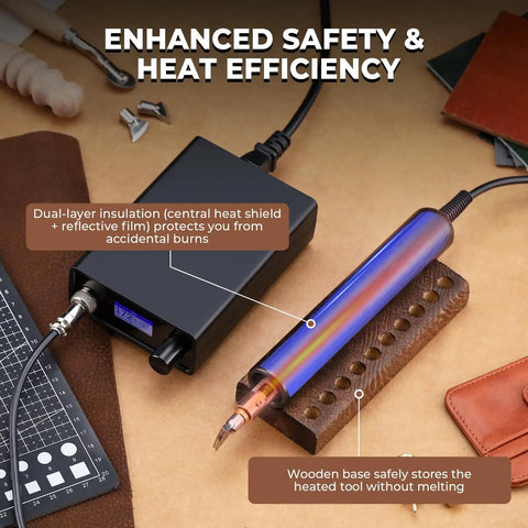 Leather Creaser Machine All-In-One Kit With 140-932 F Heat, electric edge creasing tool and wooden receptacle base.