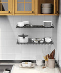 2 Pack Heavy Duty Garage Wall Shelves Built Tough, 23.5 X 12 Inches, wall mounted storage shelves holding kitchen items on tile wall.
