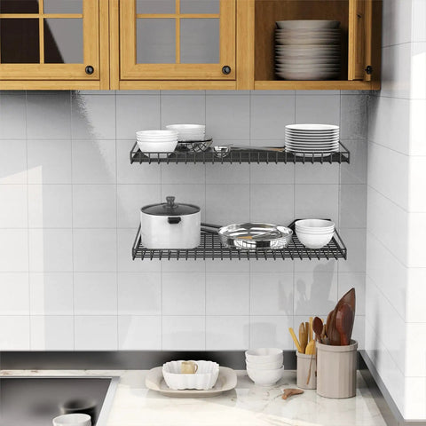 2 Pack Heavy Duty Garage Wall Shelves Built Tough, 23.5 X 12 Inches, wall mounted storage shelves holding kitchen items on tile wall.
