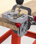 Joint Master Doweling Jig with self-clamping aluminum frame for edge, corner, and surface joints, includes centering spacers and retractable edge stops that auto align, works with 1/4in, 5/16in, and 3/8in dowel pins