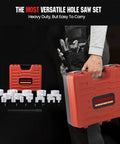 Heavy Duty Top Tier Bi Metal Hole Saw Kit Featuring 30 Piece Tool Set With 10 Inch Extension For No Sweat Wood Metal Pvc Aluminum Drilling Includes Dual Arbors Pilot Bits And Tool Shed Essentials in a red case.