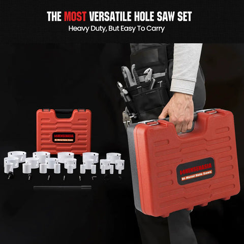 Heavy Duty Top Tier Bi Metal Hole Saw Kit Featuring 30 Piece Tool Set With 10 Inch Extension For No Sweat Wood Metal Pvc Aluminum Drilling Includes Dual Arbors Pilot Bits And Tool Shed Essentials in a red case.