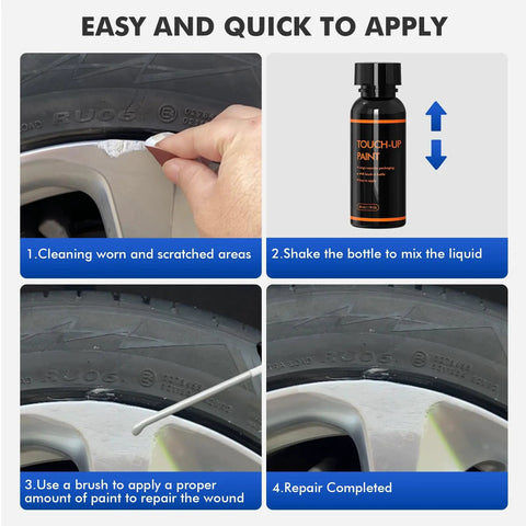 Revamp Your Daily Driver With Sonic Silver Rim Touch Up Paint For Tesla Wheels Easily Covering Curb Rash And Rock Chips Quick Dry Formula Protects Against Rust While Giving You That Slick Factory Look Smooth Ride showing cleaning and application steps.