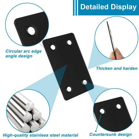 Heavy Duty Black Mending Plates 50 Pack 3.15X1.5 Inch Stainless Steel joining brackets with countersunk design and circular edges.