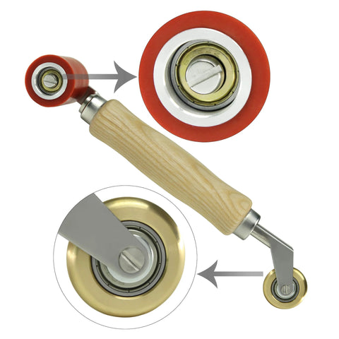 Welding handheld roller with red 40mm silicone seam wheel, brass detail, wooden handle; bearing close-up.
