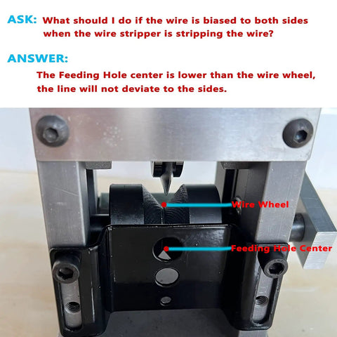 Close-up of wire wheel and feeding hole center on heavy duty wire stripping machine for scrap copper wiring.
