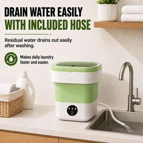 Road Ready Foldable Mini Washing Machine in matte green with drainage hose, portable design for easy water disposal.