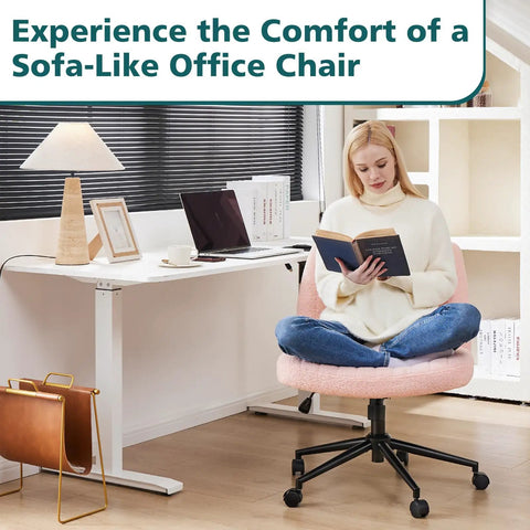 Woman reading on Criss Cross Chair With Wheels Wide Cross Legged Desk Vanity Chair In Teddy Pink in home office