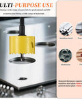 Beefy Bi Metal Hole Saw One And Five Sixteenths Inch M42 HSS Circular Head cutting thick metal with center drill bit visible