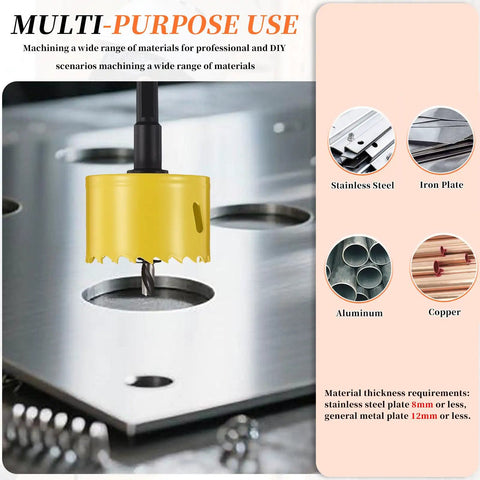 Beefy Bi Metal Hole Saw One And Five Sixteenths Inch M42 HSS Circular Head cutting thick metal with center drill bit visible