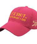 Front view of Golf Cap With I Fix Shit Thats What I Do Print Quick Dry Baseball Hat For Him, breathable pink fabric, adjustable fit.
