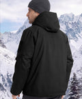 Back view of model wearing warm mens waterproof ski jacket with plush insulation and cozy lining, detachable hood visible.
