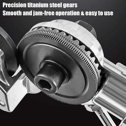 Close-up of Drill Nibbler Sheet Metal Cutting Tool Attachment showing titanium steel gears for electric drills and smooth operation