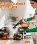 Top Shelf Handheld Steam Cleaner For Complete Home Care in use on a dirty kitchen stove, showcasing high temperature steam cleaning.