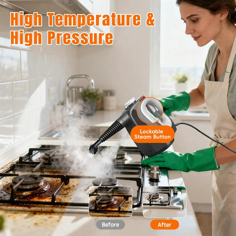 Top Shelf Handheld Steam Cleaner For Complete Home Care in use on a dirty kitchen stove, showcasing high temperature steam cleaning.
