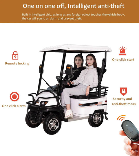 Electric Golf Cart For Two Serving Up A Sweet 800W Ride Motor With Spacious Cargo Bin, featuring remote locking and anti-theft.