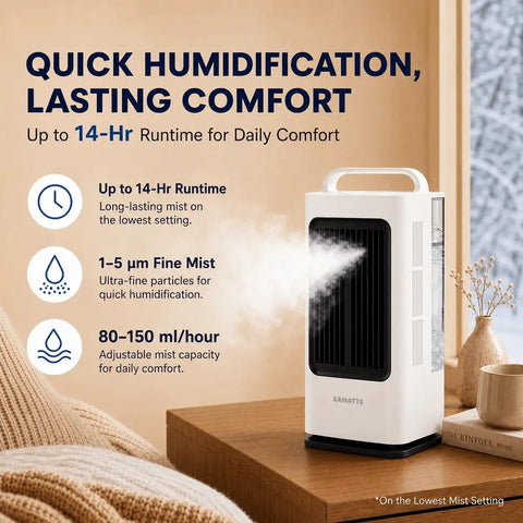Portable Mini Personal Air Conditioner With Remote, 3 In 1 Evaporative Cooler, Humidifier And Fan on a wooden desk