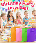 Children celebrating with cake and 50 Pack Multicolor Party Favor Gift Bags 8x11 Inches With Handles Reusable Plastic Goodie Bags