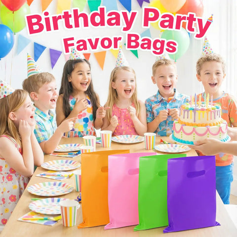 Children celebrating with cake and 50 Pack Multicolor Party Favor Gift Bags 8x11 Inches With Handles Reusable Plastic Goodie Bags