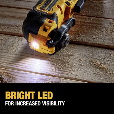 Xtreme 12V Max Brushless Cordless Oscillating Tool with Quick Change Blades and LED, shown on wooden surface