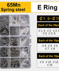 Pro Grade External And Internal Retaining Circlips Kit With Pliers Shaft Collar Washer Set Black Steel C Type And E Type Snap Ring Kit 225 Piece E Ring Assortment For Tool Box And Mechanic Gear displaying various sizes of black E-type rings in a plastic case
