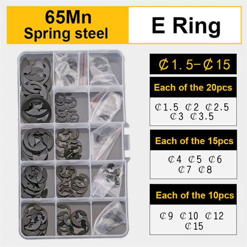 Pro Grade External And Internal Retaining Circlips Kit With Pliers Shaft Collar Washer Set Black Steel C Type And E Type Snap Ring Kit 225 Piece E Ring Assortment For Tool Box And Mechanic Gear displaying various sizes of black E-type rings in a plastic case