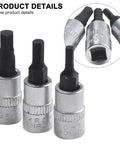Beefy Three Piece One Quarter Inch Drive Hex Socket Set With H3 H4 H5 Inner Hex Bits In Chrome Vanadium Steel 38mm Length
