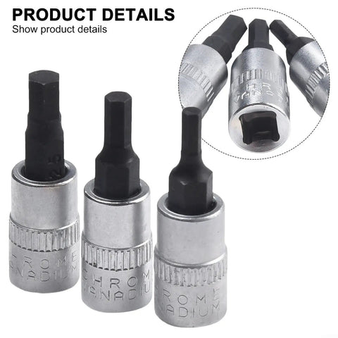 Beefy Three Piece One Quarter Inch Drive Hex Socket Set With H3 H4 H5 Inner Hex Bits In Chrome Vanadium Steel 38mm Length