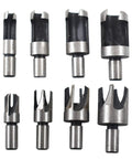 Pro Grade Slick Acting Wood Plug Cutter Set Built Tough With Heavy Duty Carbon Steel showing 8 pieces of varying sizes for cork and dowel filling.