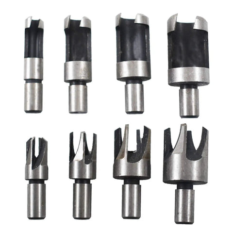 Pro Grade Slick Acting Wood Plug Cutter Set Built Tough With Heavy Duty Carbon Steel showing 8 pieces of varying sizes for cork and dowel filling.