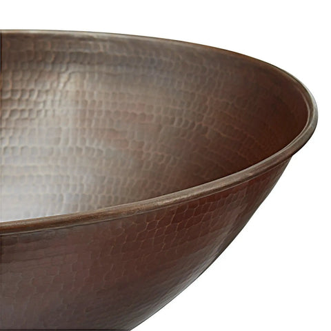 Close-up of Hubble Handmade Pure Solid Copper Vessel Sink, 14 Inch, Aged Copper Finish, Rustic Yet Modern Look, fine hammered detail.