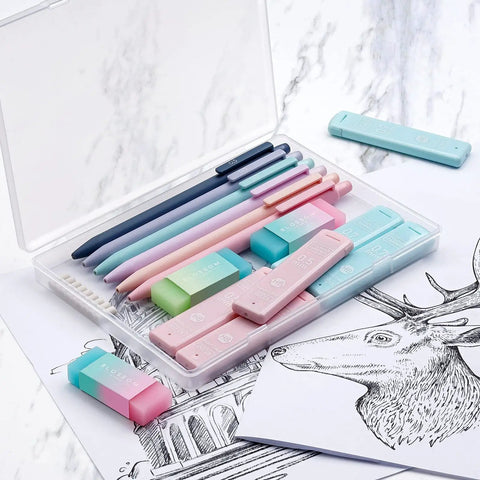 Pastel Mechanical Pencil Set With Six Pencils 0.5 And 0.7 Millimeter Lead Plus 360 HB Lead Refills Erasers And Eraser Refills