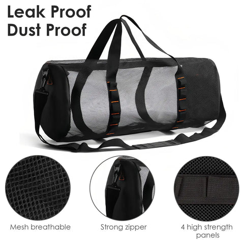 Breathable Mesh Duffle Bag For Scuba And Snorkel Gear With Adjustable Shoulder Strap, black, detailed view of mesh and zipper.