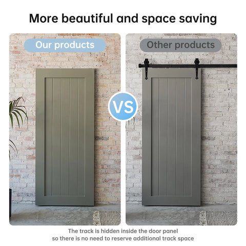 Comparison of Heavy Duty Hidden Sliding Barn Door Hardware Kit With Floating Wall Mount Invisible Track against visible track doors.