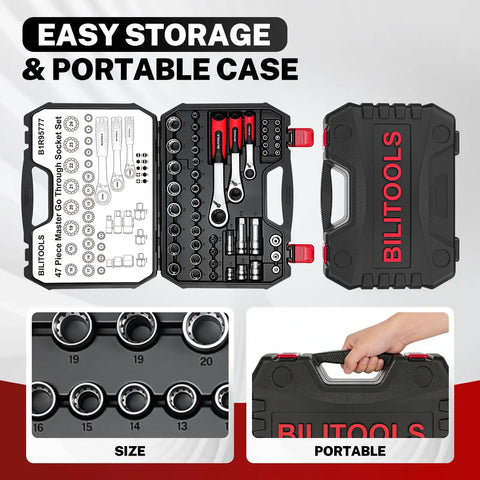 Straight Up Build Quality 47 Piece Pass Through Socket Set With 1/4 Inch 3/8 Inch And 1/2 Inch Drives for easy storage in portable case.