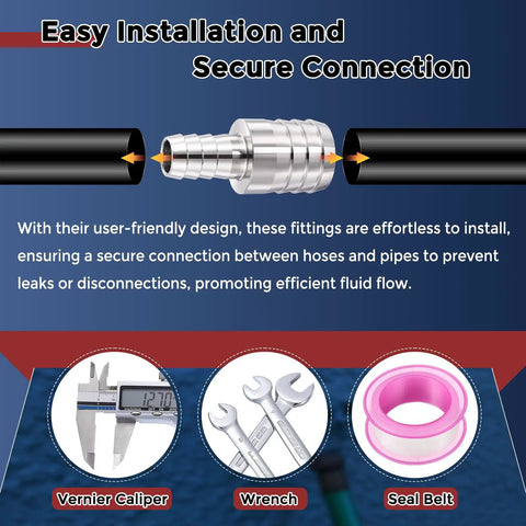 Diagram showing Pack Of Two 304 Stainless Steel Hose Barb Fittings Five Eighths Inch To One Half Inch With Four Clamps installation