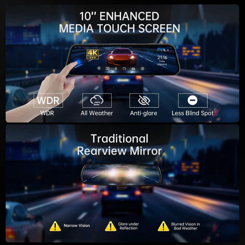4K Rear View Mirror Dash Cam With 10 Inch Screen displaying clear night vision and enhanced features compared to traditional mirror.
