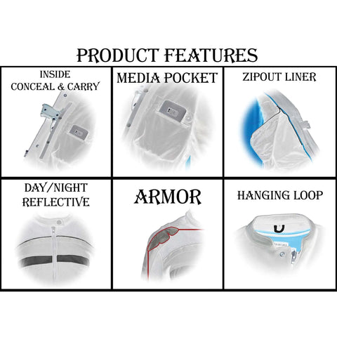 Product features of Women's Armored Textile Motorcycle Jacket With Removable Liner showing media pocket, zipout liner, armor, and reflectivity.
