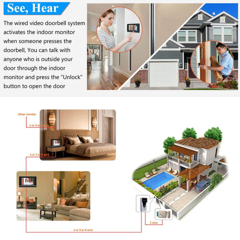Video Doorbell Intercom System With 7 Inch Indoor Monitor And Aluminum Alloy Camera Two Way Audio Video Intercom Kit For Home Security Real Time Monitoring Easy Door Unlock Indoor And Outdoor Durable Wired Connection showing installation and usage scenarios in home environment.