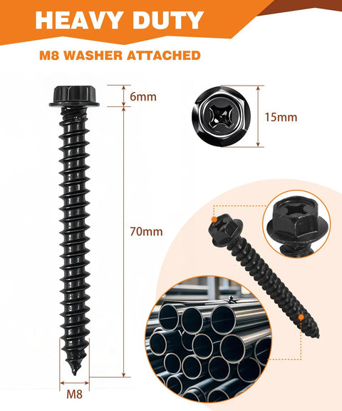 TV Mount Lag Bolt Kit With M8x70mm Lag Bolts, Washers, Heavy Duty Anchors For Wood Studs Or Concrete Brick Walls, dimensions shown
