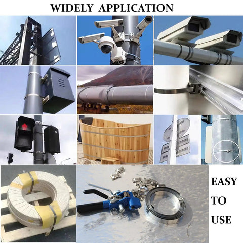 Kick Your Packaging Game Up With This Heavy Duty Steel Strapping Kit Featuring Smooth Ratchet Tensioner And Easy Cut Tool For Pallet Banding Plus Three Quarter Inch Coil And One Hundred Clips displayed in various applications.