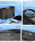 Close-up view of Waist Belt Portable Fan with Rechargeable Battery showing power bank feature and digital display
