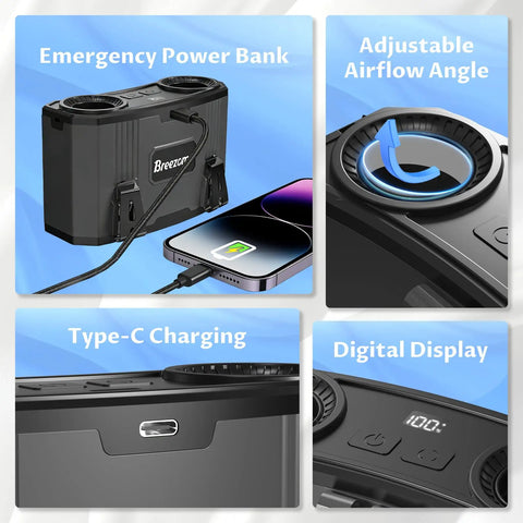Close-up view of Waist Belt Portable Fan with Rechargeable Battery showing power bank feature and digital display