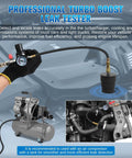 Front view of turbo boost leak tester kit with gauge, hoses, four adapters (1-3/8 to 3-1/2"), US/EU fittings.