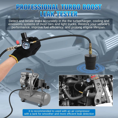 Front view of turbo boost leak tester kit with gauge, hoses, four adapters (1-3/8 to 3-1/2"), US/EU fittings.