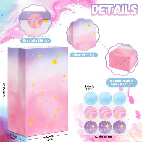 Tie Dye Party Favor Bags With 36 Stickers 30 Pack Mermaid Unicorn Themed, showing pink bag with detailed features and stickers